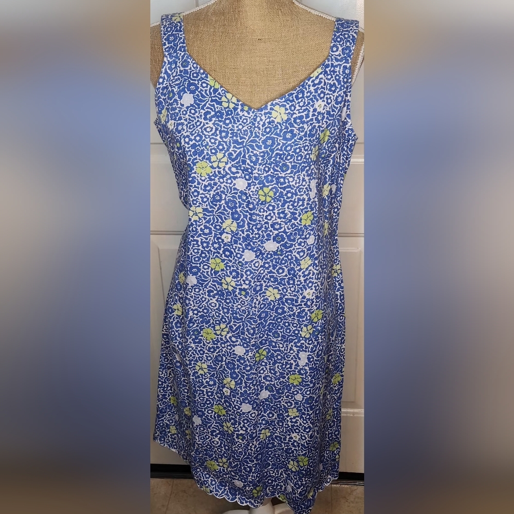Sigrid Olsen Floral Blue and Green Dress with Scalloped Hem 100% Linen Size 10
